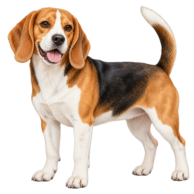 Watercolor-style illustration of beagle with brown, black and white fur with long ears