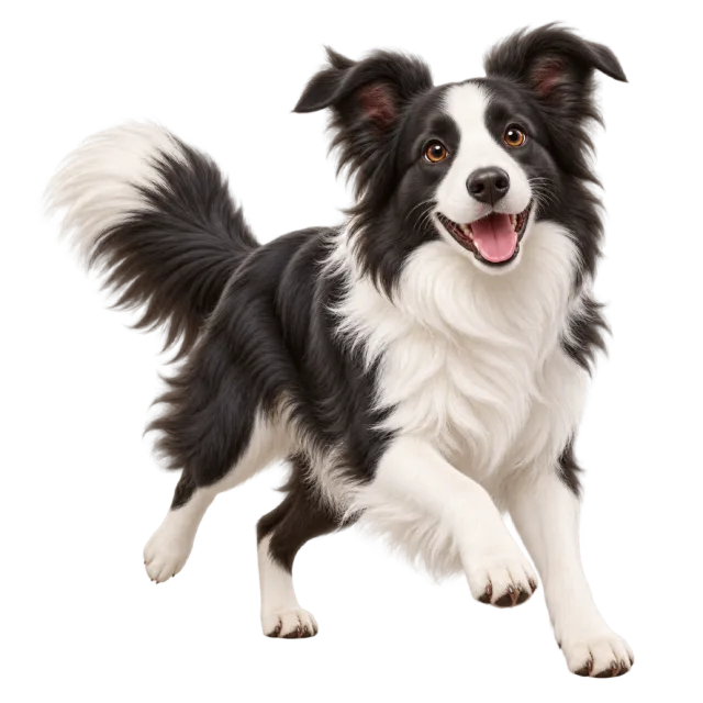 3D-style character illustration of border collie with black and white fur with a fluffy tail and a raised front paw