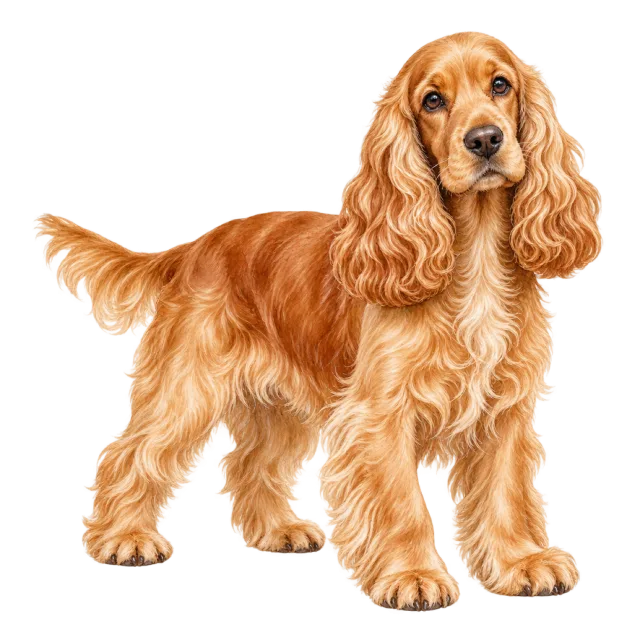 Watercolor-style illustration of cocker spaniel with copper-colored fur and long wavy ears