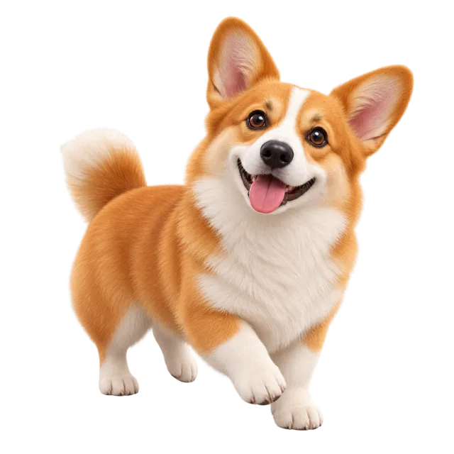 3D-style character illustration of pembroke welsh corgi with tan and white fur with short legs and a raised front paw