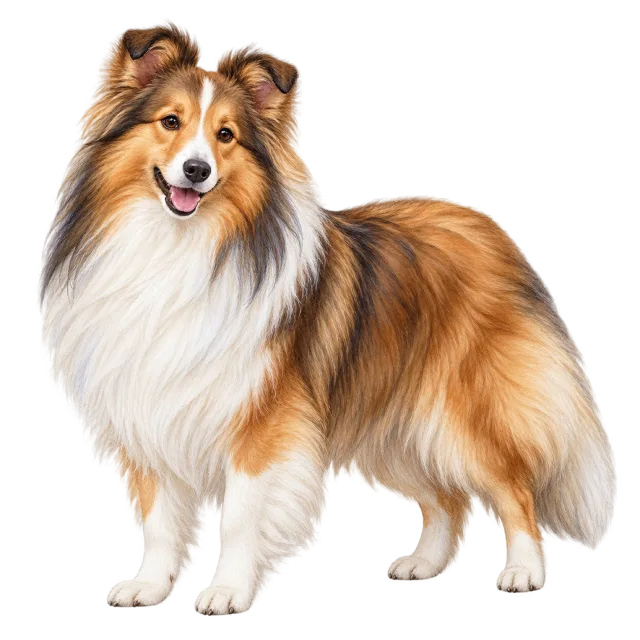 Watercolor-style illustration of shetland sheepdog with long sable fur and a white chest