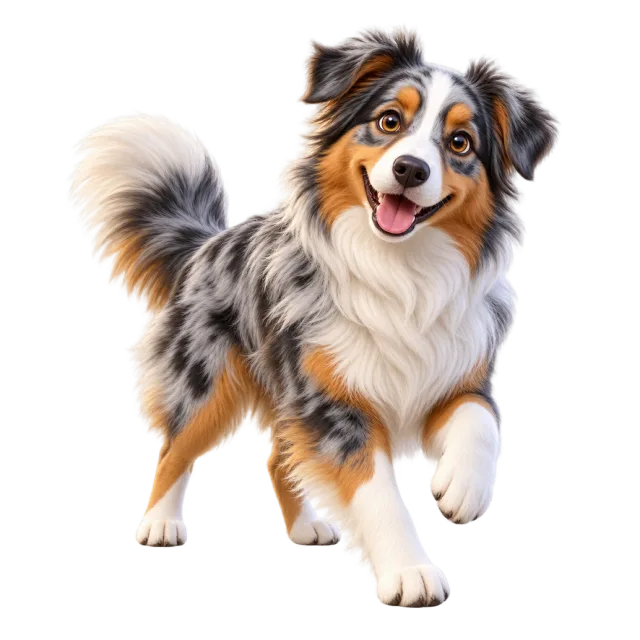 3D-style character illustration of australian shepherd with mottled gray, black and tan fur