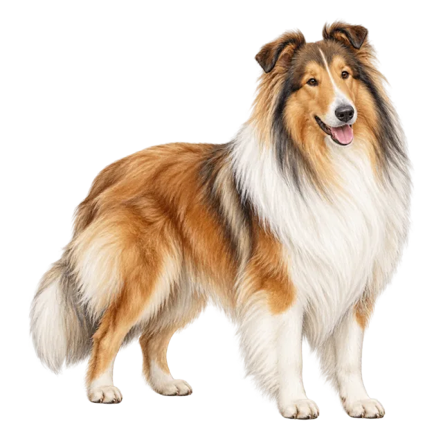 Watercolor-style illustration of rough collie with long golden-brown fur and a white ruff