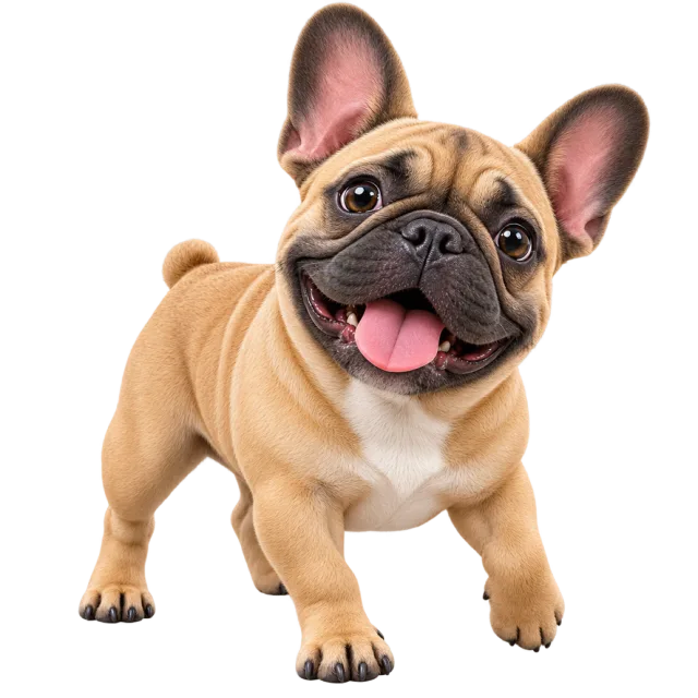 3D-style character illustration of french bulldog with tan fur, a dark muzzle and upright ears