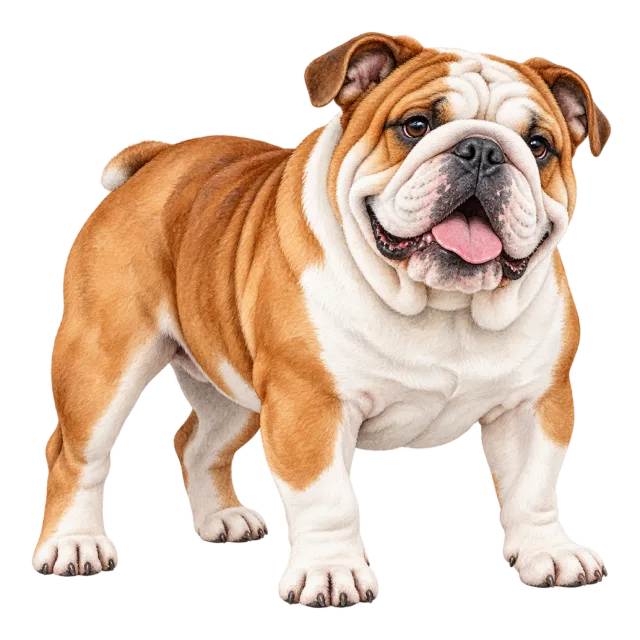Watercolor-style illustration of english bulldog with brown and white fur with a wrinkled face