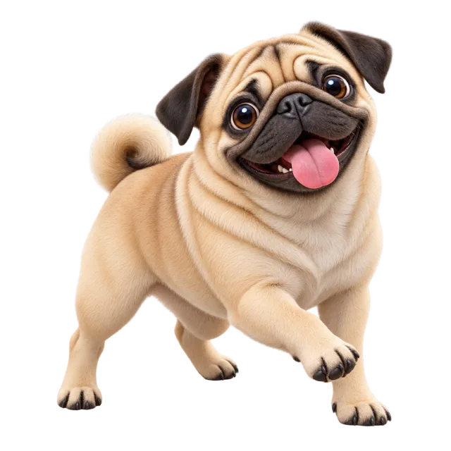 3D-style character illustration of pug with cream fur, a dark muzzle and a curled tail and a tilted head