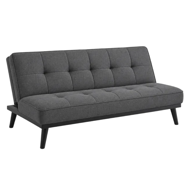 A dark gray sofa with a tufted back and seat on short black angled legs