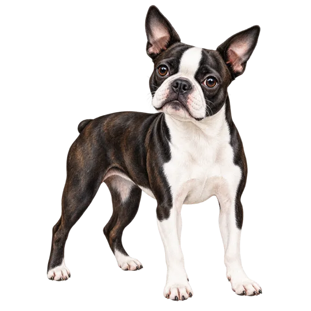 Watercolor-style illustration of boston terrier with black and white fur with pointed ears