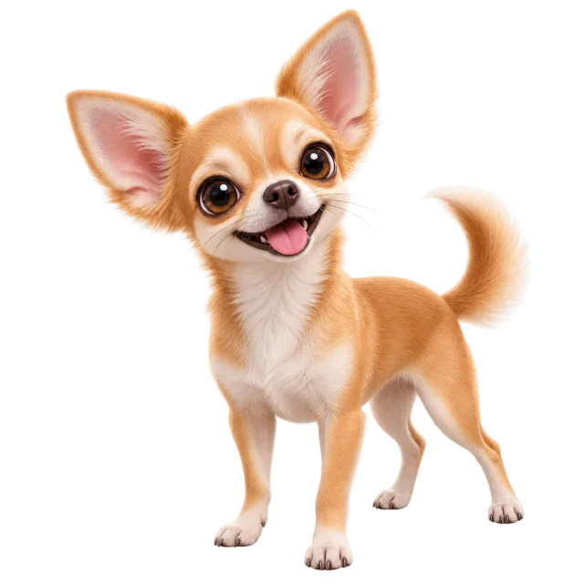3D-style character illustration of chihuahua with tan fur, large ears and a curved tail