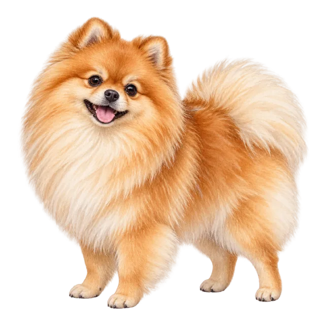 Watercolor-style illustration of pomeranian with fluffy orange fur and a curled tail