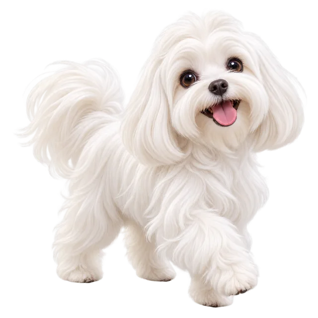 3D-style character illustration of maltese with long white fur and dark eyes