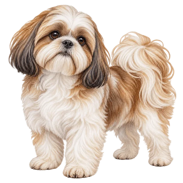 Watercolor-style illustration of shih tzu with brown and white fur around a rounded face