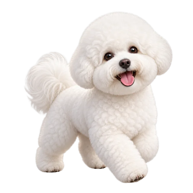3D-style character illustration of bichon frise with curly white fur and a rounded head and one front paw raised