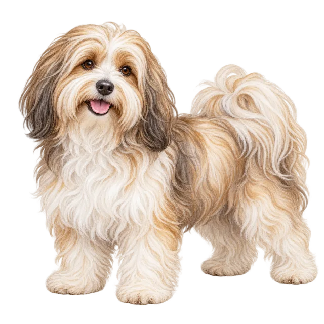 Watercolor-style illustration of havanese with shaggy cream and brown fur