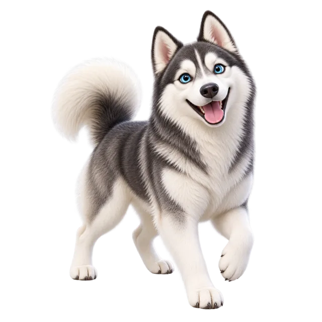 3D-style character illustration of siberian husky with black and white fur with a curled tail
