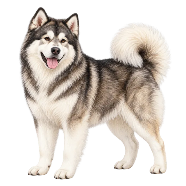 Watercolor-style illustration of alaskan malamute with dense gray and white fur