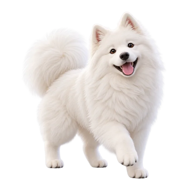 3D-style character illustration of samoyed with fluffy white fur and a curled tail