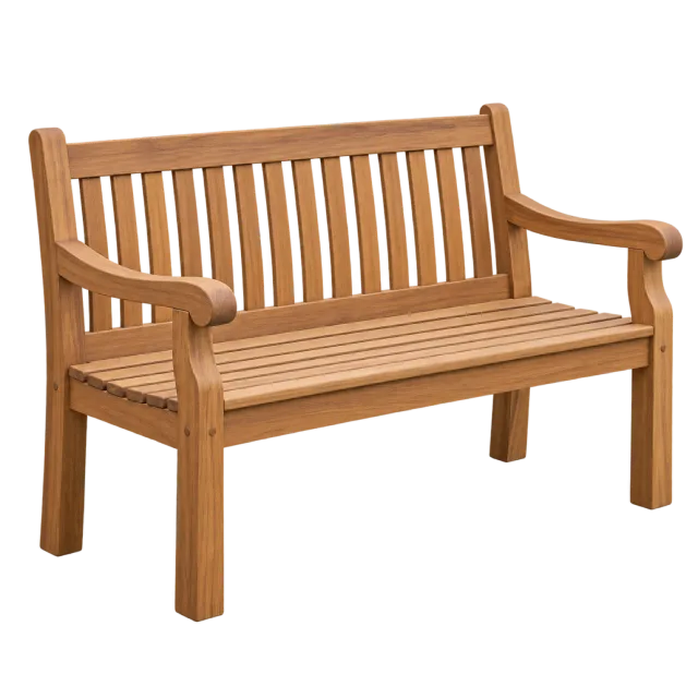 A natural wood garden bench with armrests and a vertical slatted back
