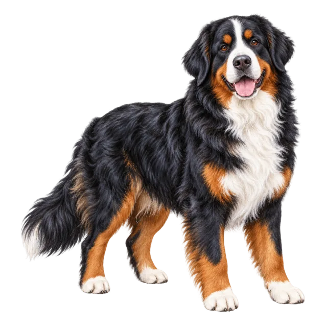 Watercolor-style illustration of bernese mountain dog with black, brown and white fur