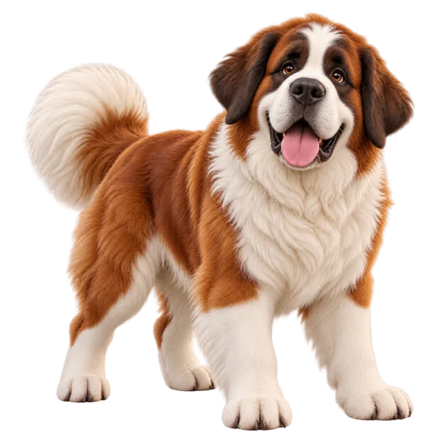 3D-style character illustration of saint bernard with brown and white fur with dark facial markings