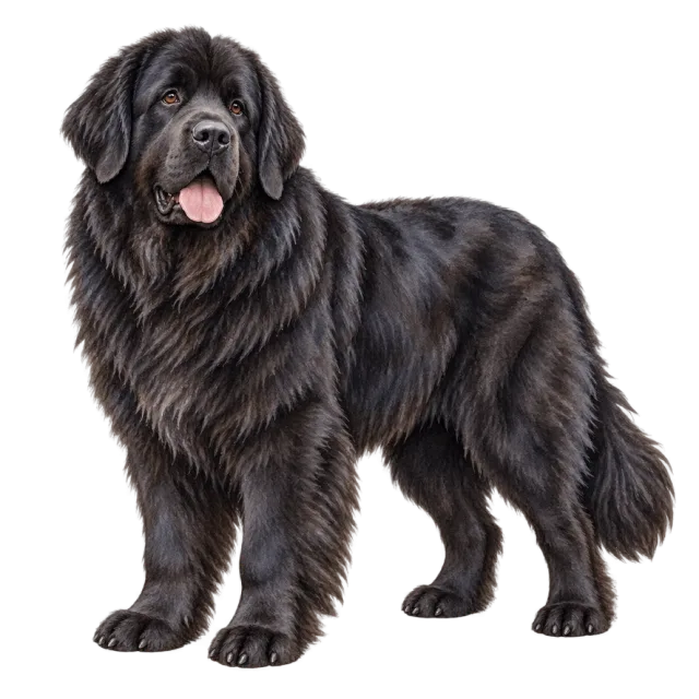 Watercolor-style illustration of newfoundland dog with long black fur and a broad head