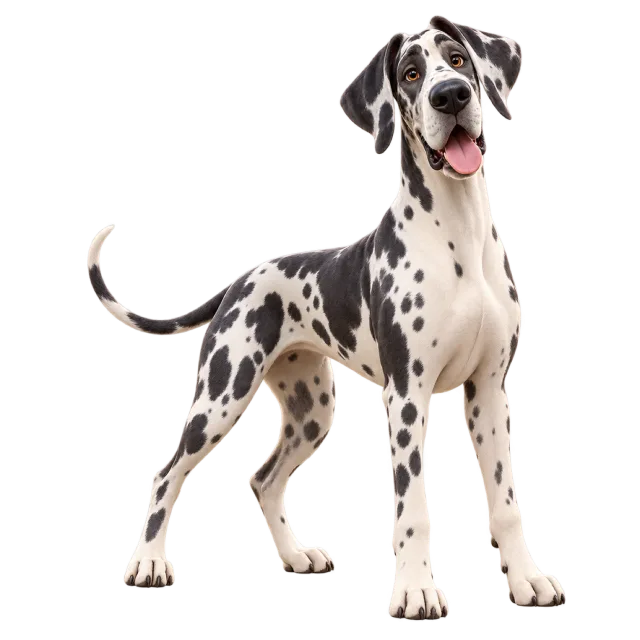 3D-style character illustration of great dane with black patches on a white coat