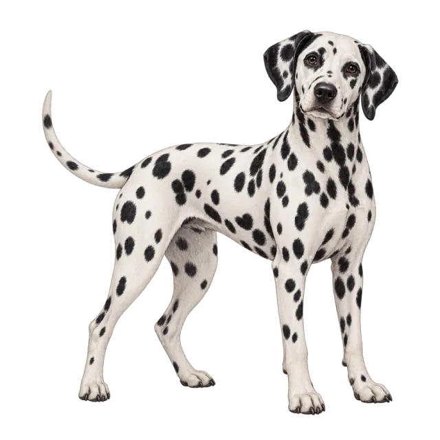 Watercolor-style illustration of dalmatian with black spots across a white coat