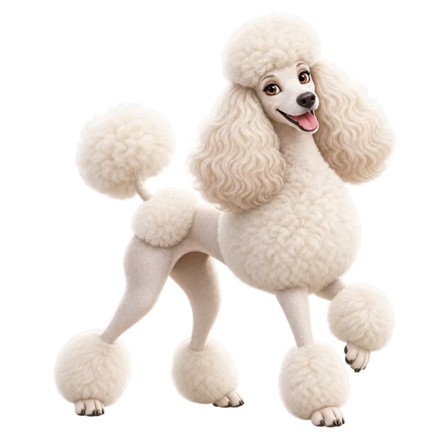 3D-style character illustration of standard poodle with cream clipped curls and fluffy ankle tufts