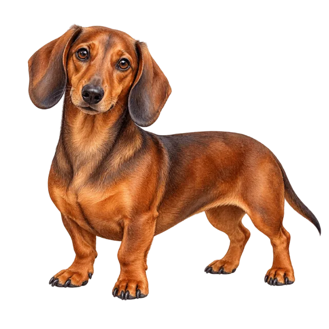 Watercolor-style illustration of dachshund with reddish-brown fur, a long body and short legs