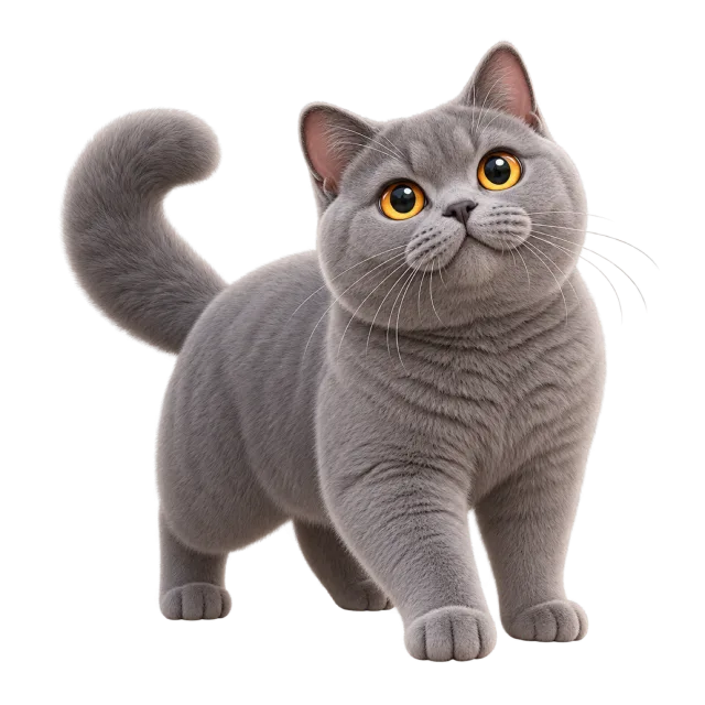 3D-style character illustration of british shorthair cat with a plush gray coat and golden eyes