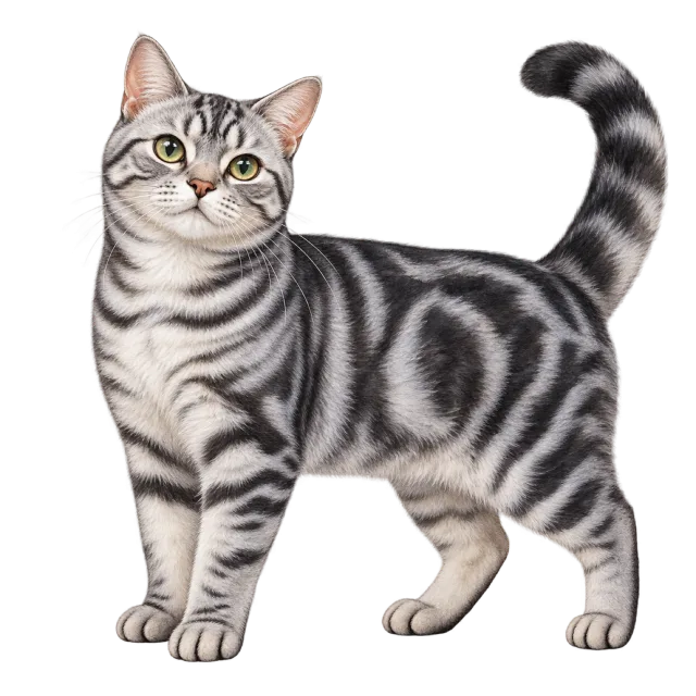 Watercolor-style illustration of american shorthair cat with bold dark stripes on silver-gray fur