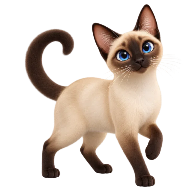 3D-style character illustration of siamese cat with cream fur with a dark face, ears and paws and one front paw lifted
