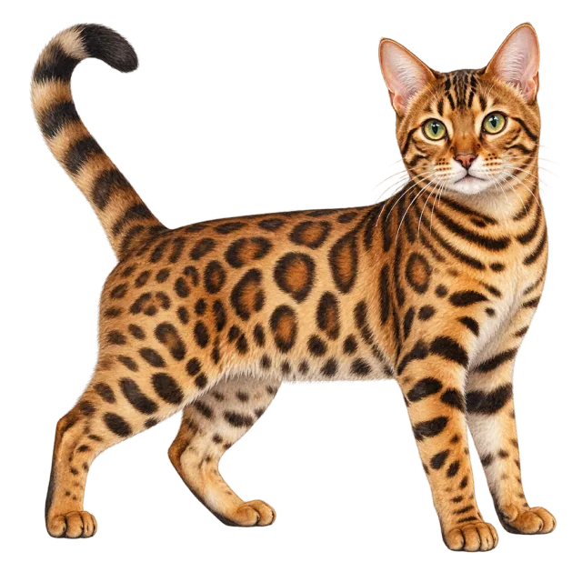 Watercolor-style illustration of bengal cat with brown fur patterned with dark rosettes