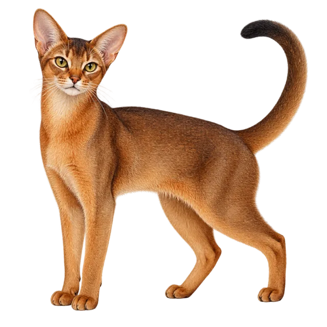 Watercolor-style illustration of abyssinian cat with warm brown fur and large pointed ears