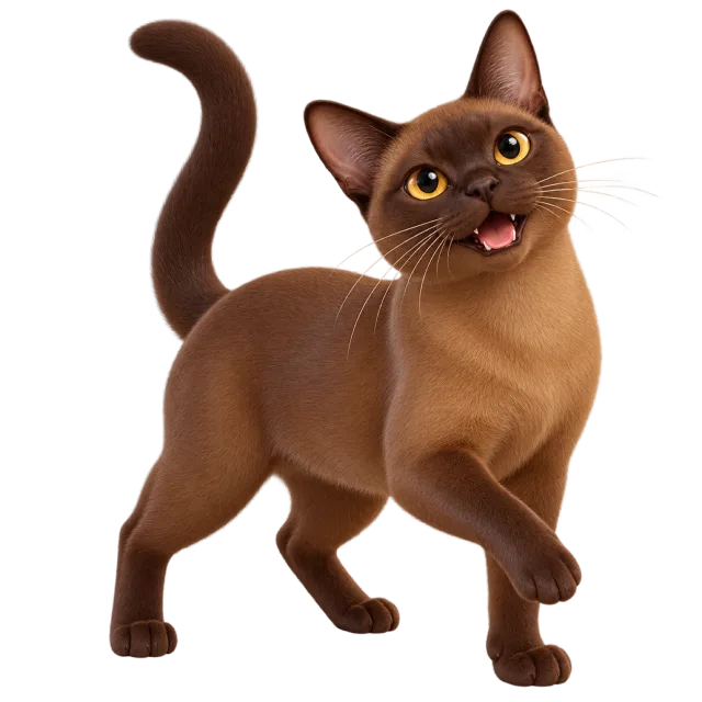 3D-style character illustration of burmese cat with a smooth chocolate-brown coat