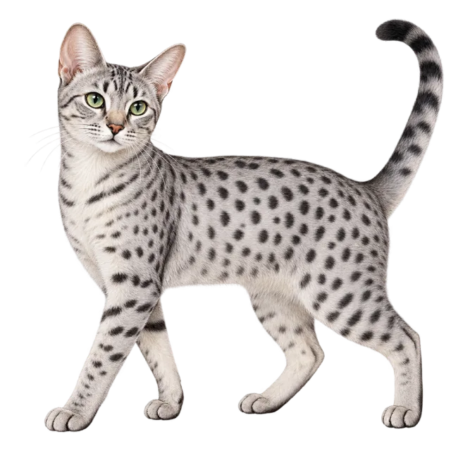 Watercolor-style illustration of egyptian mau cat with silver fur with dark spots and a ringed tail