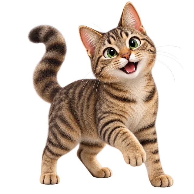 3D-style character illustration of european tabby cat with brown striped fur and a ringed tail and a raised front paw