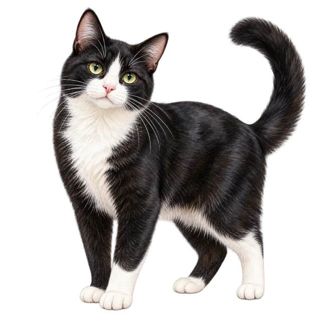 Watercolor-style illustration of tuxedo domestic cat with black fur with a white chest and paws