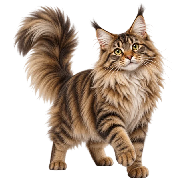 3D-style character illustration of maine coon cat with long striped fur and tufted ears