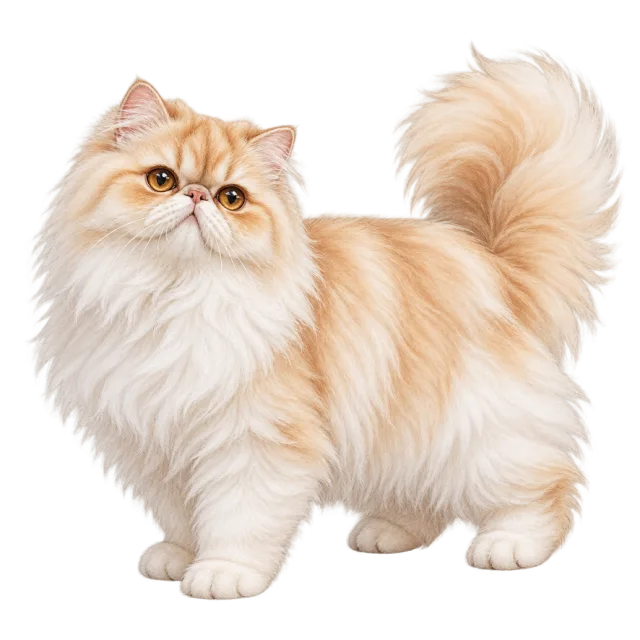Watercolor-style illustration of persian cat with long cream and ginger fur with a rounded face