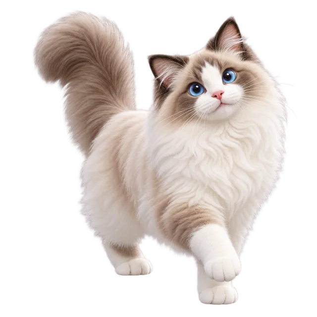 3D-style character illustration of ragdoll cat with cream fur, blue eyes and a darker tail