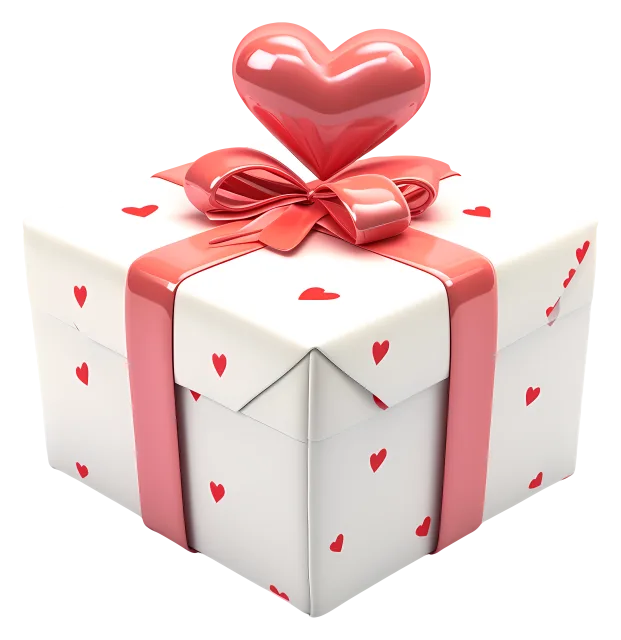 White gift box decorated with small red hearts and a glossy heart-shaped ribbon on a transparent background