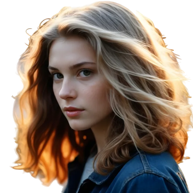 Woman with shoulder-length wavy hair turning toward the viewer in a blue shirt on a transparent background