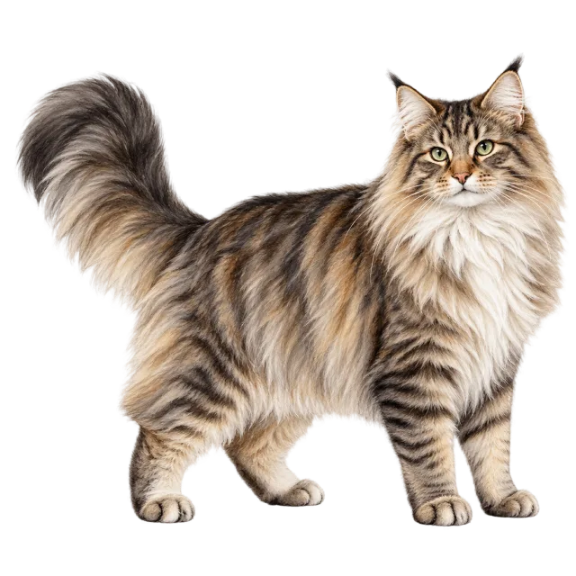 Watercolor-style illustration of norwegian forest cat with long striped fur and a pale chest