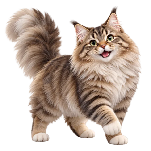3D-style character illustration of siberian cat with thick tabby fur and a bushy tail