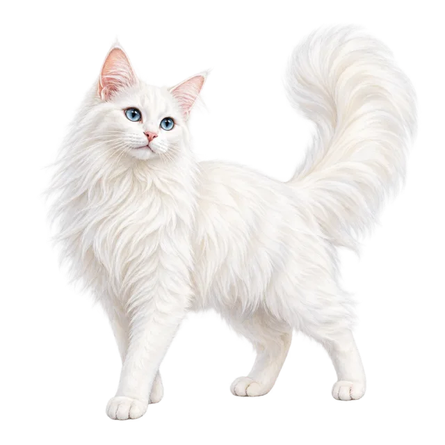Watercolor-style illustration of turkish angora cat with white fur and a flowing tail