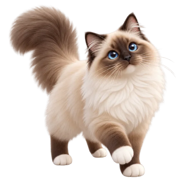 3D-style character illustration of birman cat with cream fur with a dark face and pale paws