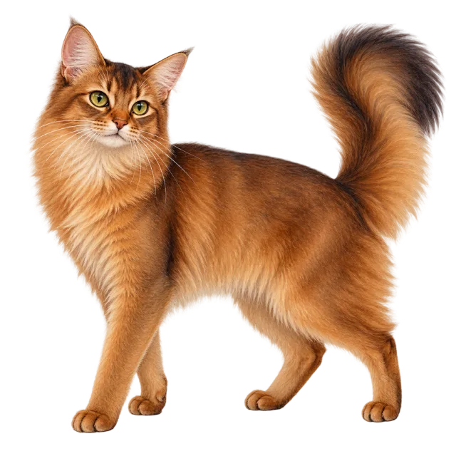 Watercolor-style illustration of somali cat with warm orange fur and a bushy tail