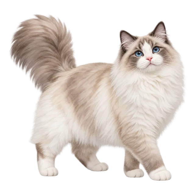 Watercolor-style illustration of ragamuffin cat with long cream and gray fur