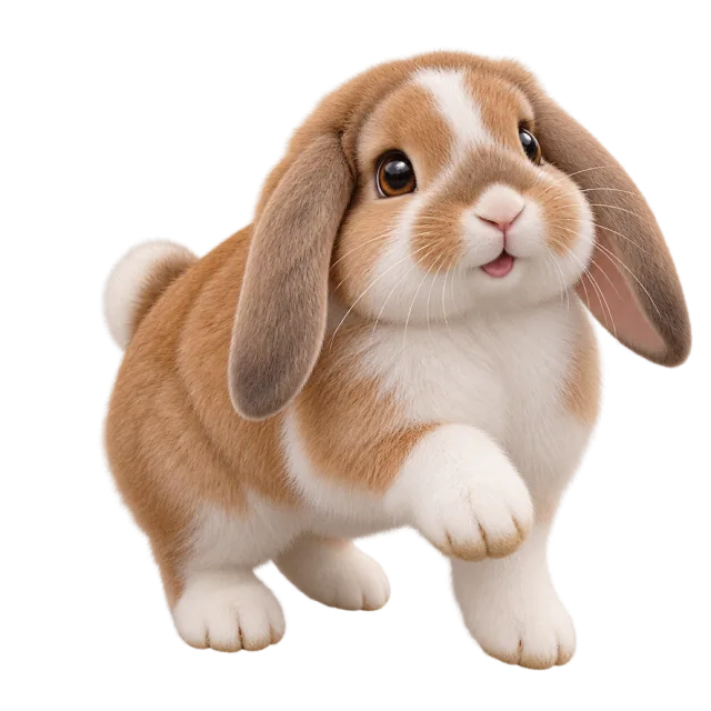 3D-style character illustration of holland lop rabbit with brown and white fur with drooping ears and one front paw lifted